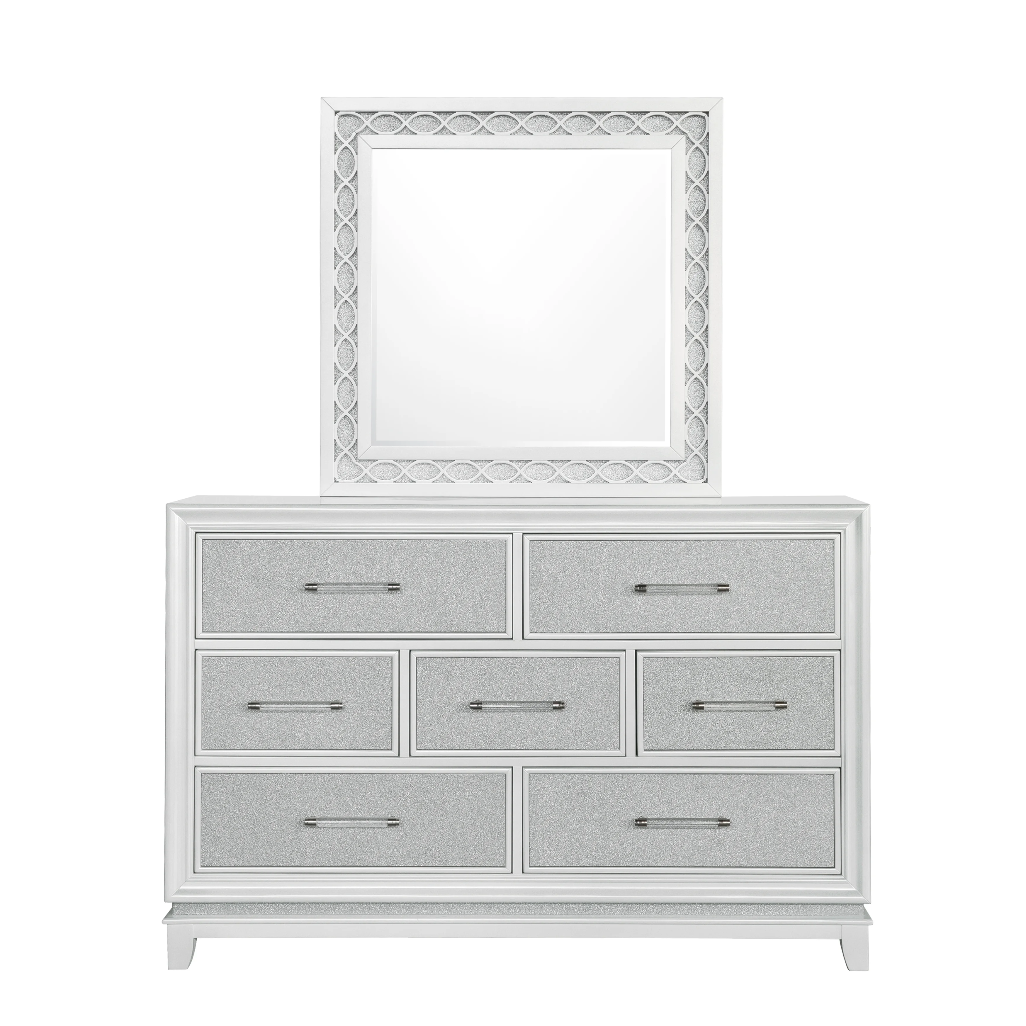 Roundhill Furniture Galaxy 4-Piece Bedroom Set with LED Lights, Tufted Bed, Dresser, Mirror, and Nightstand in Pearlized White, Queen