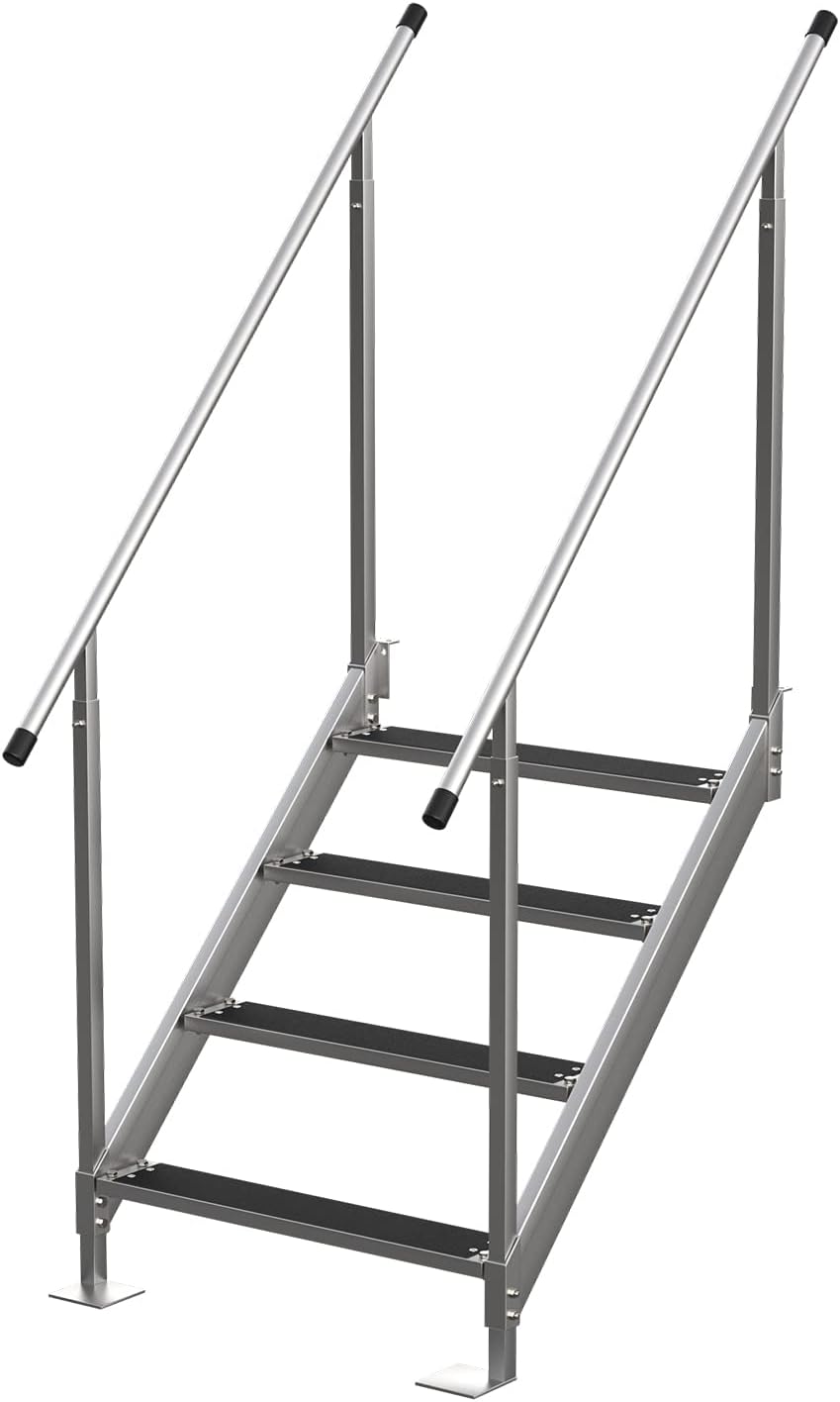 UNKLE METAL Dock Ladder Aluminum 4 Steps Pontoon Boat Ladder 350 Lbs Load Wider Pedals Hand Railings Anti-Slip Rubber Mat Removable Deck Flip up Dock Swim Ladder Lake Marine Boarding Steps Pool Yacht