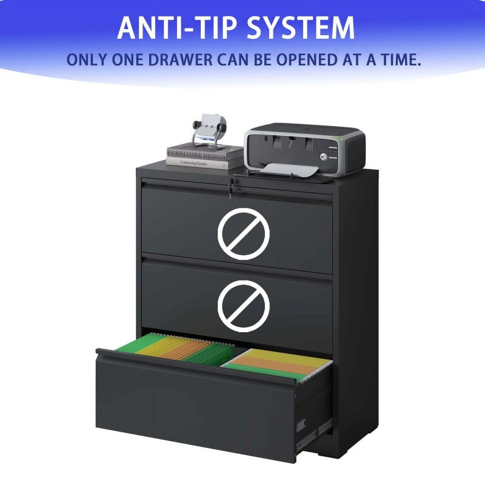 Lateral File Cabinet 3 Drawer, Black Filing Cabinet with Lock, Lockable File Cabinet for Home Office, Locking Metal File Cabinet for Legal/Letter/A4/F4 Size - Curated Treasures Market