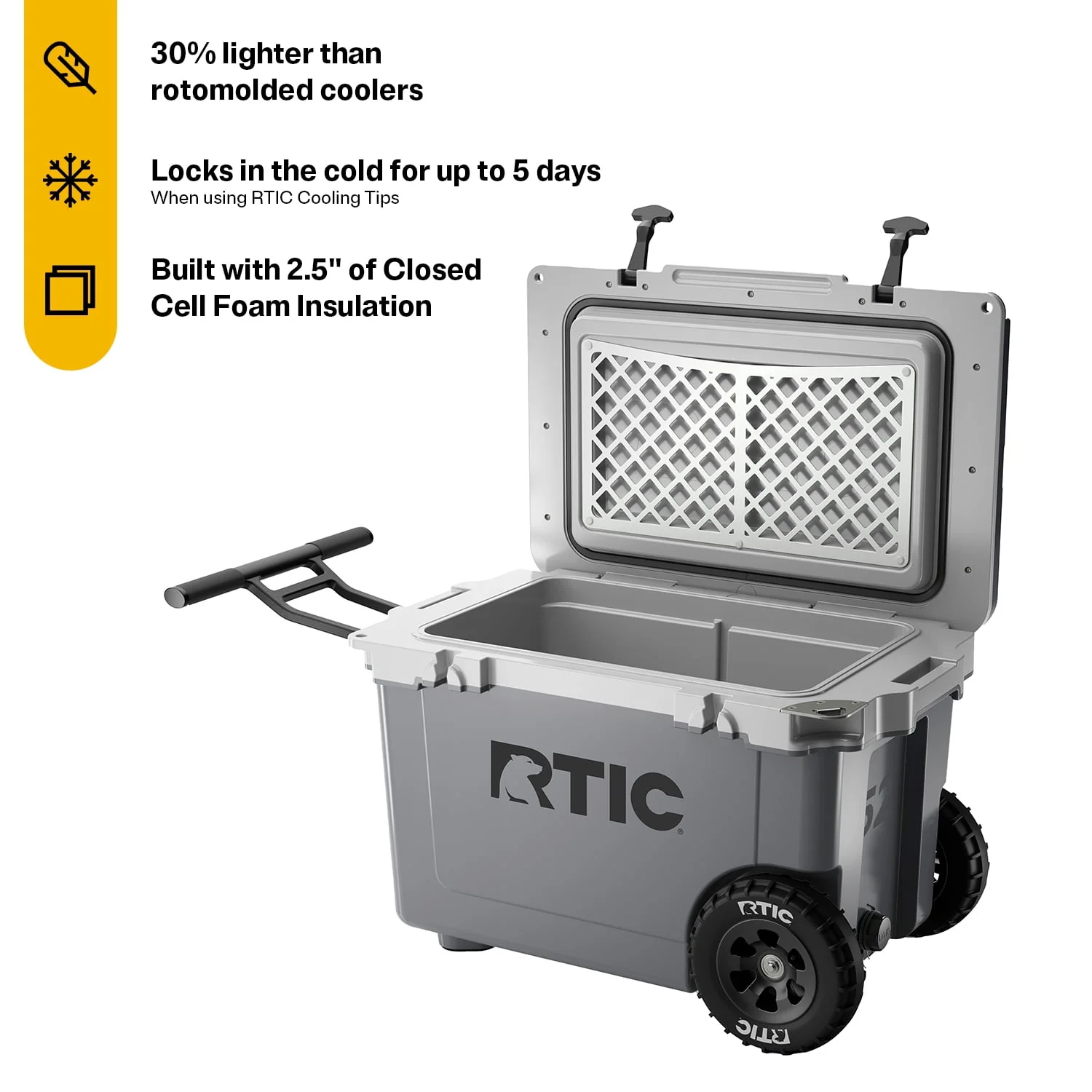 RTIC 52 QT Ultra-Light Wheeled Hard-Sided Ice Chest Cooler, White and Grey, Fits 78 Cans
