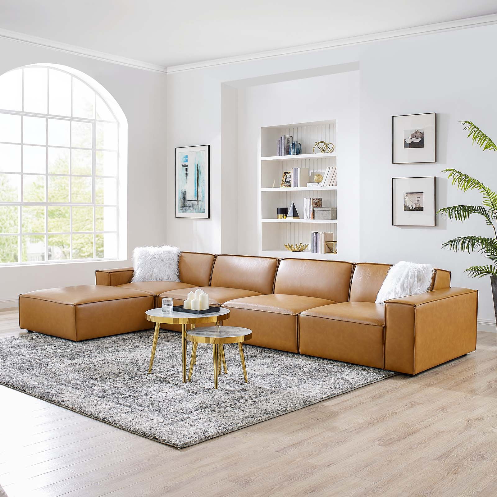 Modway Restore 5-Piece Vegan Leather Sectional Sofa in Tan