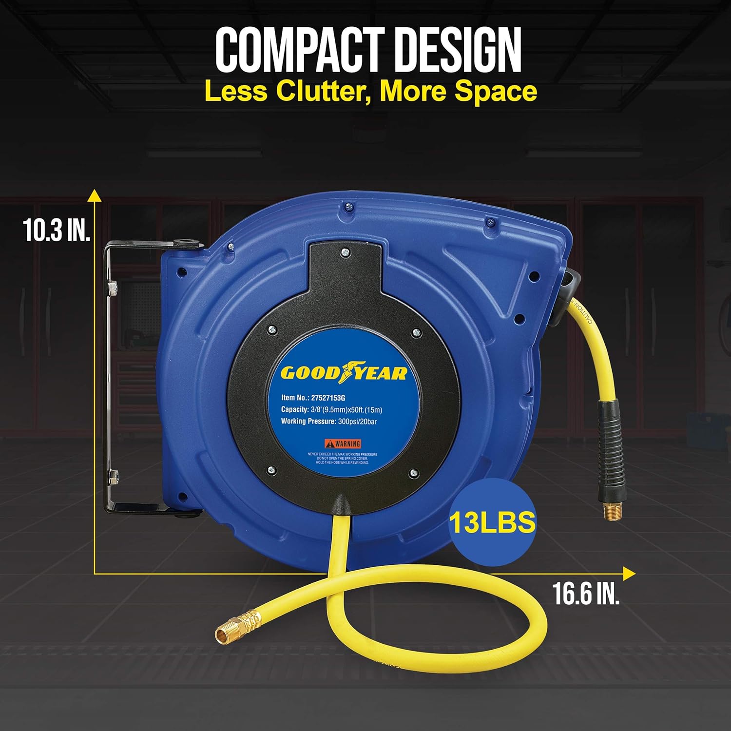 Goodyear Air Hose Reel Retractable 3/8 Inch x 50' Foot Hybrid Polymer Hose Max 300PSI Commerical Polypropylene Construction