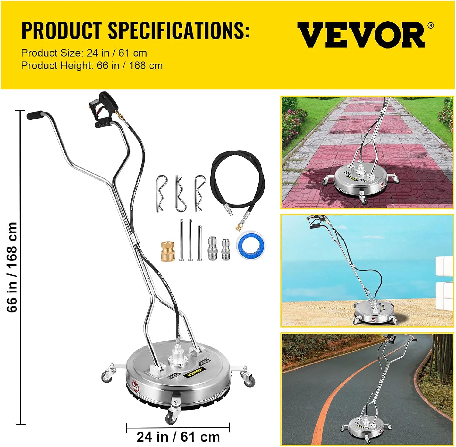 VEVOR 24" Surface Cleaner, 4000PSI Max. Pressure Flat Surface Cleaner, Stainless Steel Rotating Surface Cleaner, Pressure Washer Surface Cleaner w/ 3 Nozzles, Fit for 3/8" Quick Connector, for Patio