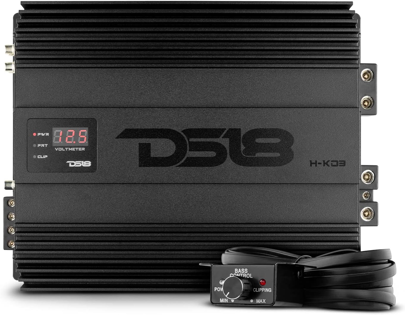 DS18 H-KO3 Korean Half Bridge 1-Channel Monoblock Car Audio Amplifier with Voltmeter and Clip Indicator, 3000 Watts Rms - Remote BASS Knob Included