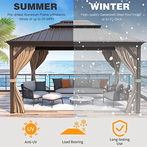 YOLENY 10' x 12' Hardtop Gazebo, Wood-Looking Gazebo with Galvanized Steel Double Roof, Aluminum Frame, Permanent Metal Pavilion with Netting and Curtains for Deck, Backyard, Patio and Lawns