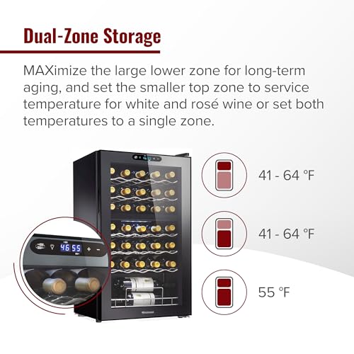 Wine Enthusiast Silent Dual Zone Wine Refrigerator - Freestanding Slimline Bottle Storage Wine Cooler