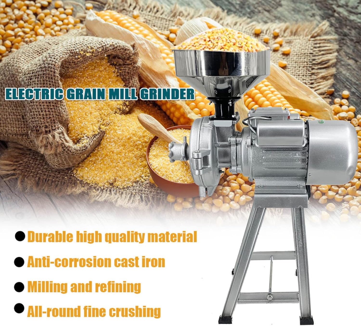 3000W Commercial Mill Grinder for Home Stores, 220V Grain Mill Grinder Corn Grinder Flour Mill Cereals Grinder with Funnel for Cereals/Rice/Corn/Coffee/Wheat Speedy Grinding