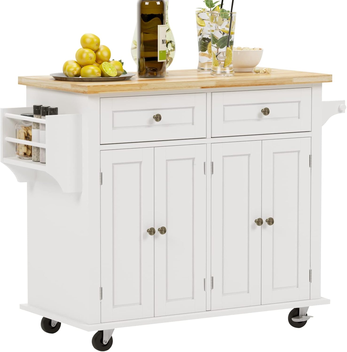 soges Rolling Kitchen Island Cart with Storage, Wood Trolley Cart with Spice and Towel Rack, Mobile Kitchen Storage Cabinet Island Table on Wheels, Serving Cart with Cabinet and Drawers,FZSR-HT01WT