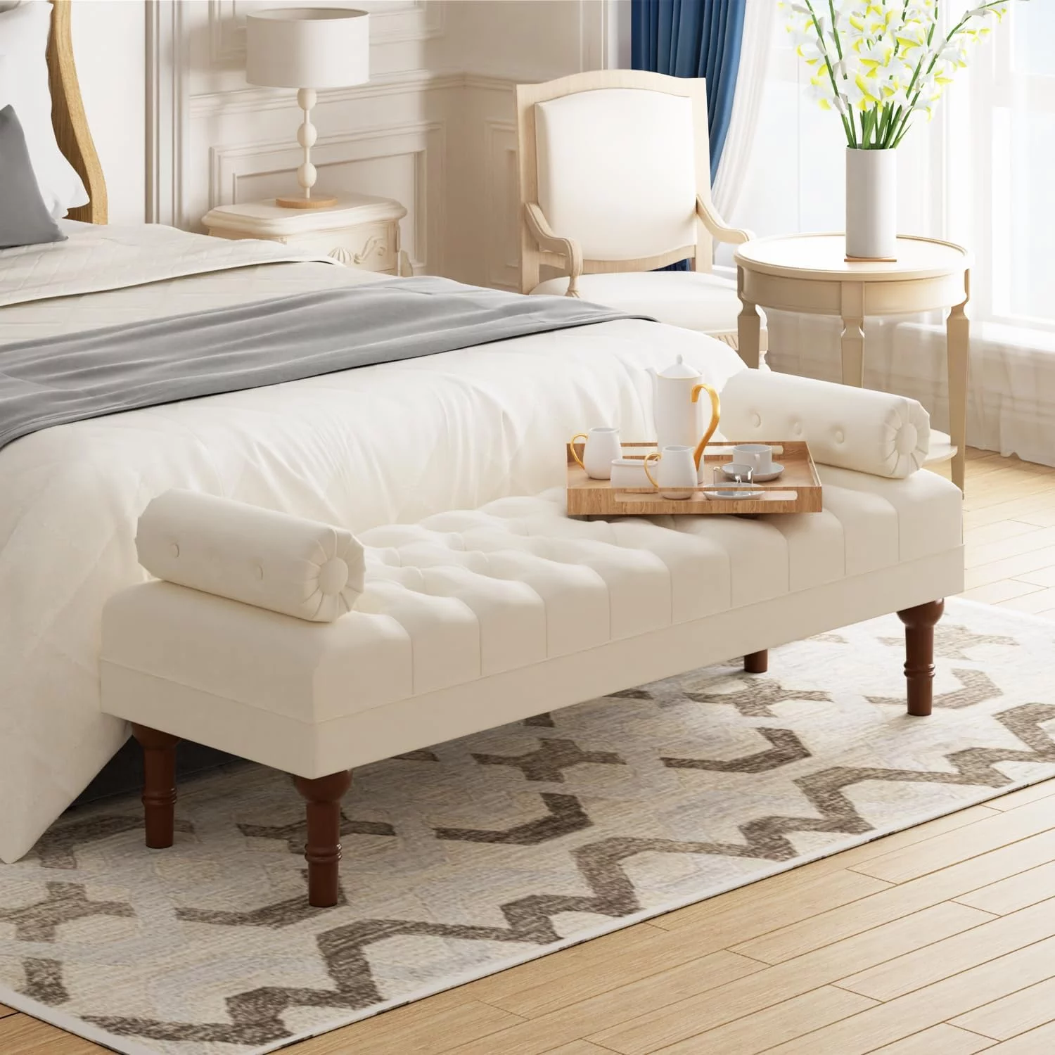 HUIMO 60.2" Bedroom Bench,Large Size Velvet Bench for End of Bed,Upholstered Mid-Century Modern Bench with Button-Tufted,Entryway Bench,Storage Bench for Living Room(Beige)