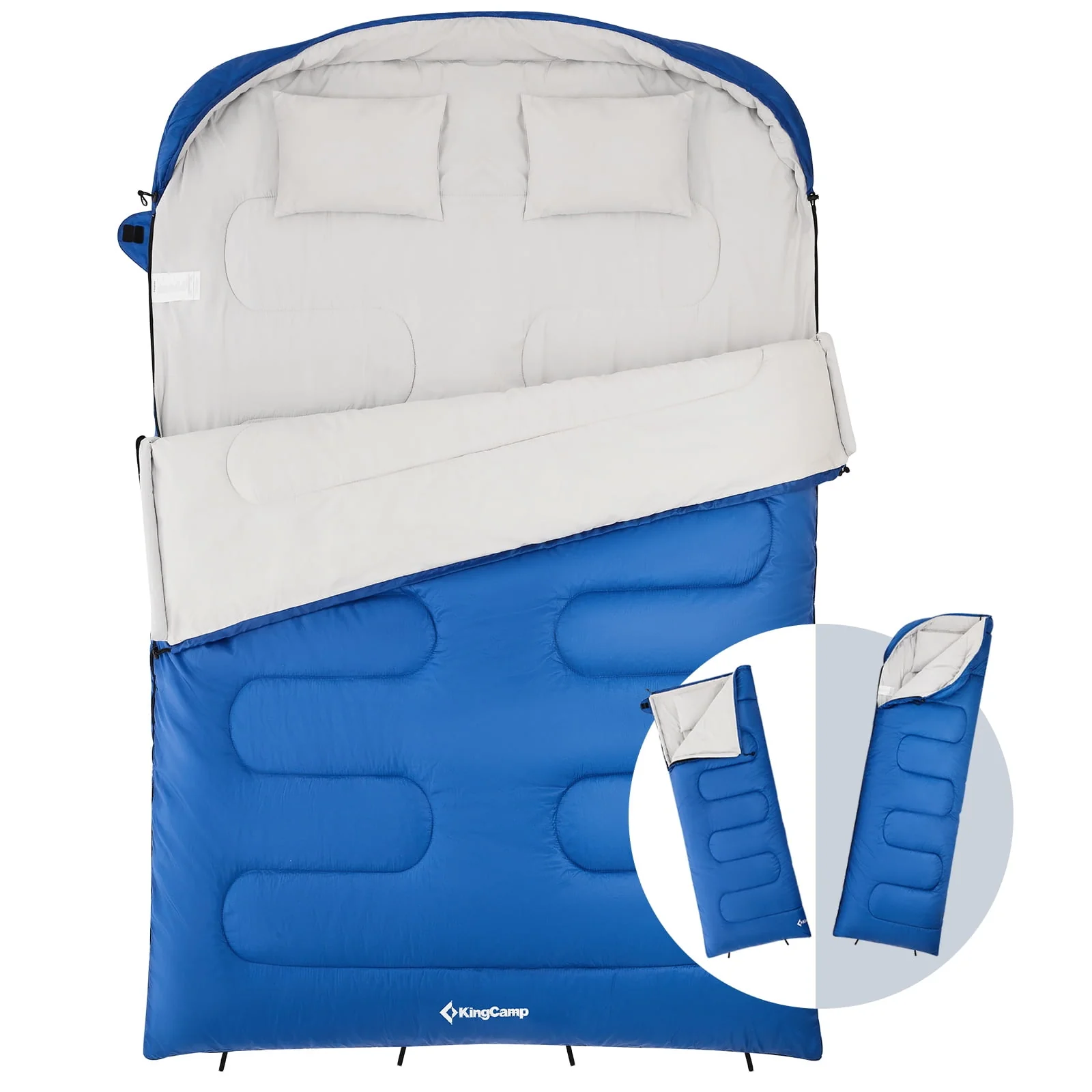 KingCamp Double Sleeping Bag with 2 Pillows for Adult 2 Person 3 Season Camping Sleeping Bag (Blue,6.8℉-41℉)