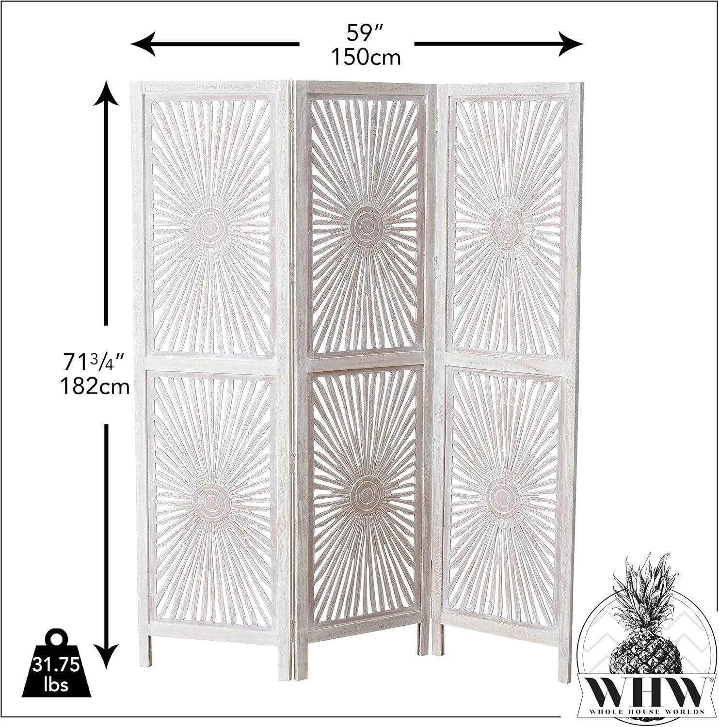 Modernist Sunburst Room Divider, Carved, Abstract Burst Motif, 3 Panel, Vintage Style, Rustic Pale Wood, White Wash Distressed, Mango and MDF Wood, Approx. 6 Ft Tall, 71.75 Inches Tall (182 H cm)
