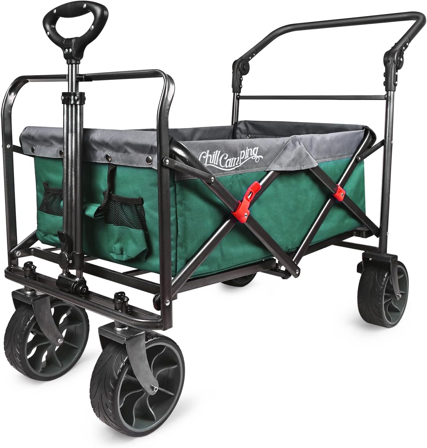 Collapsible Folding Wagon with Adjustable Push Pull Handles , Beach Wagon with Big Rubber Wheels for Sand, Utility Wagon Cart for Groceries, Purple/Gray