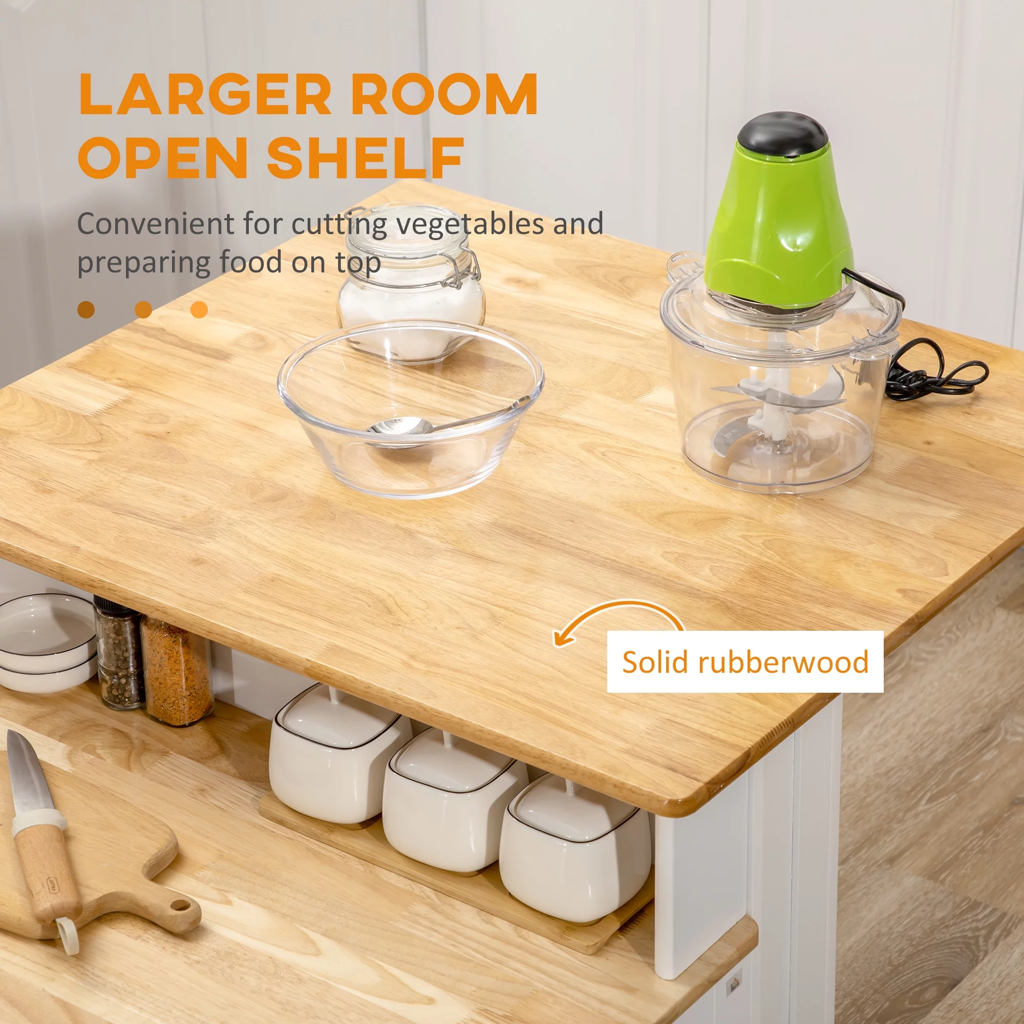 HOMCOM Kitchen Island with Storage Cabinet and 2-Level Rubber Wood Tabletop, Island Table with Adjustable Shelves and Drawers, White