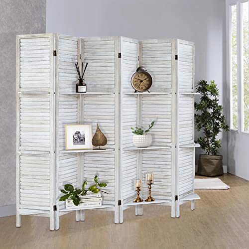 Room Divider with Shelves, Privacy Screen, Room Dividers and Folding Privacy Screens, 5 Panel Wood Temporary Wall Partition Separation Separator, Coconut