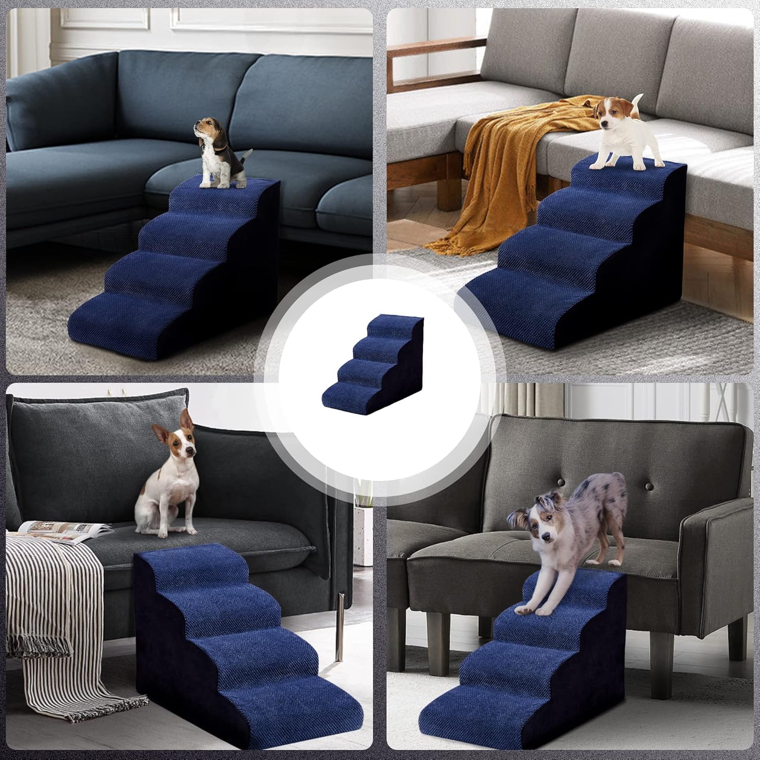 MALOROY 2 Tiers Foam Dog Ramps, Dog Ladder Pet Ramp Stairs Non-Slip Pet Step for Older Dogs and Pets with Joint Pain, Sofa Bed Ladder for Cats（Navy Blue）