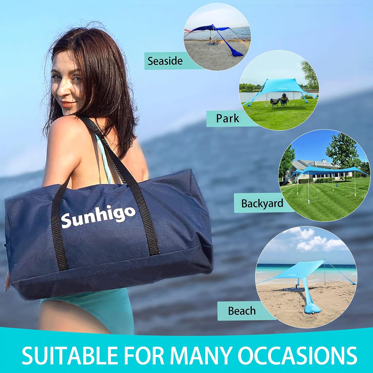 Sunhigo Beach Shade Canopy UPF50+ Family Beach Tent with 4 Aluminum Poles, Sand Shovel and Carry Bag, Portable Beach Sunshade Pop Up Sun Shelter for Beach,Fishing,Backyard and Picnics (10x10 Ft,Navy)