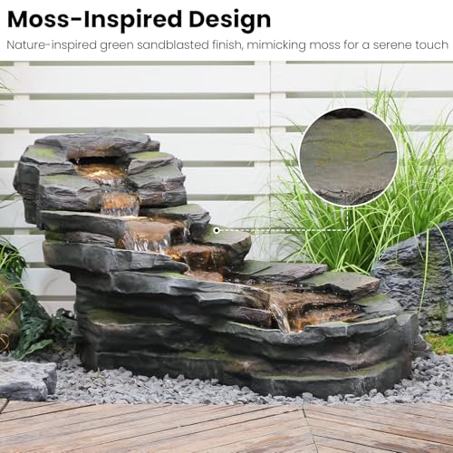 37" L Garden Outdoor Water Fountain, Floor Standing 5-Tiers Rock Natural Waterfall Outdoor Fountains with LED Lights for Patio, Porch, Home Art Decor