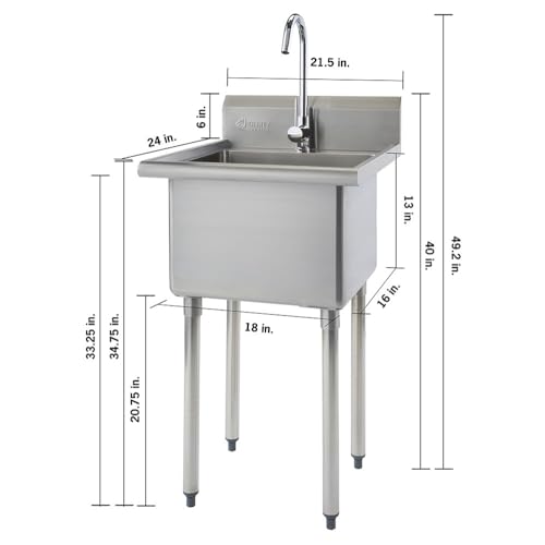 TRINITY THA-0307 Basics Stainless Steel Freestanding Single Bowl Utility Sink with Chrome Faucet, NSF Certified, for Garage, Laundry Room, and Kitchen, 21.5” x 24” x 49.2”, Silver