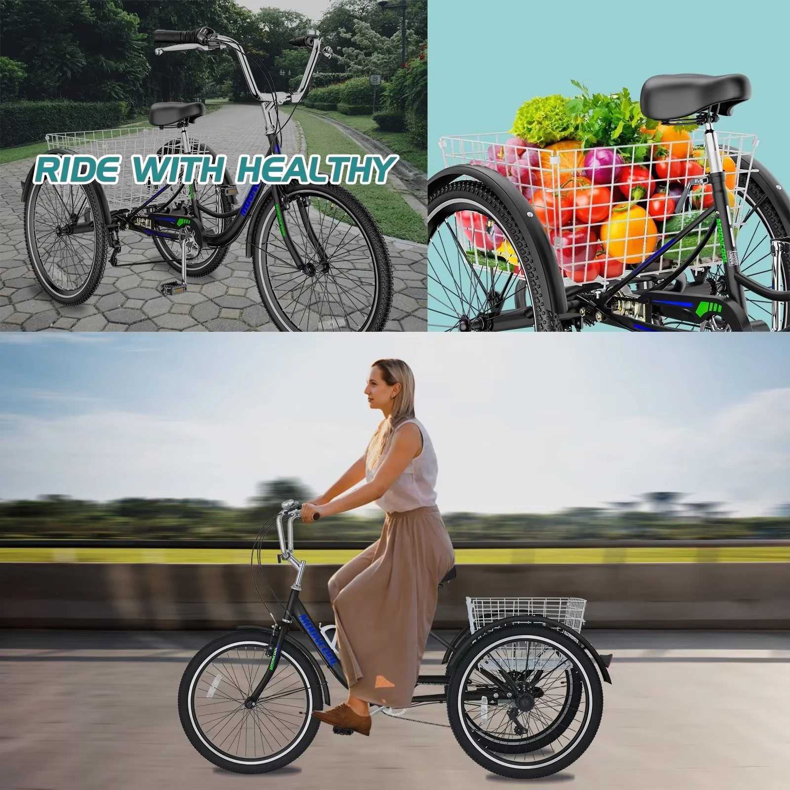 MOPHOTO Adult Tricycles 3 Wheel 7 Speed Trikes, 20/24/26 inch with Big Basket for Shopping, Picnics Exercise Men's Women's Senior's Trike