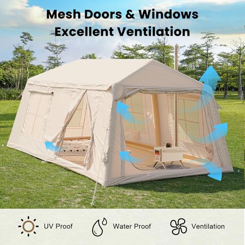 Inflatable Tents for Camping, Blow Up Tent with Hand Pump, Easy Setup Inflatable Hot Tent with Stove Jack, Waterproof Oxford Air Glamping Tents for Camping Adult 4-6 Person