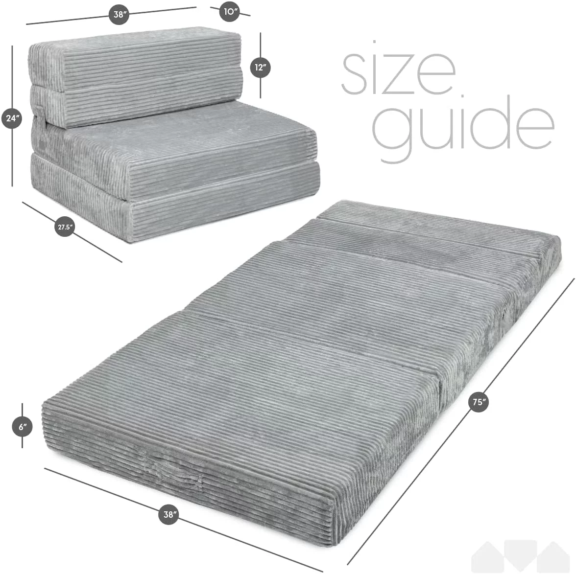 Milliard Tri Folding Sofa Mattress, Memory Foam Foldable Mattress with Ultra Soft & Washable Ribbed Fur Cover, Twin Size (75" x 38" x 6")