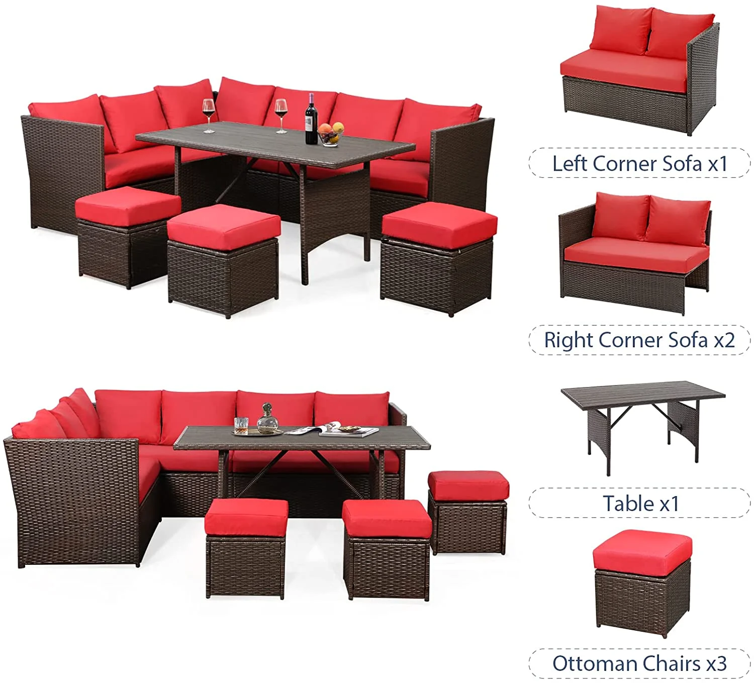 Danrelax 7 Pieces Patio Furniture Set Outdoor Sectional Sofa Conversation Set All Weather Brown Rattan Couch Dining Table &Ottomans, Red Cushions