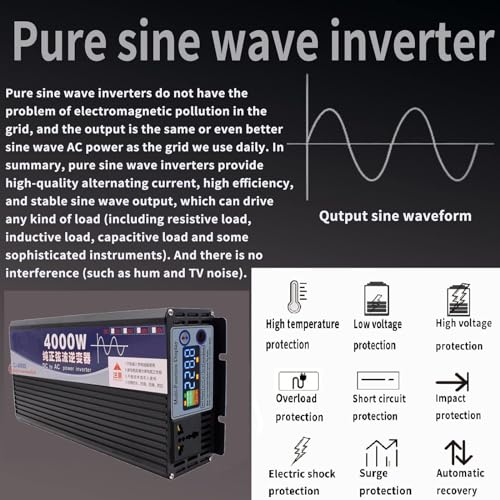 4000W Pure Sine Wave Power Inverter Dc 12V/24V to Ac 220V 230V 240V Converter Inverter with 2Ac Outlets Intelligent Safe Protections for Rv,Truck,Household
