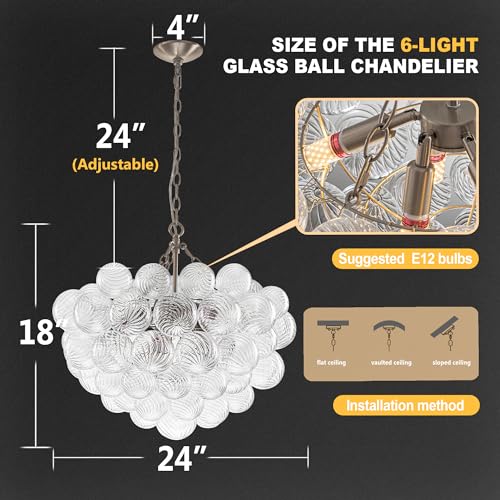 Longree Bubble Glass Globe Chandelier Swirled Ribbed Clear Blown Glass Ball Chandeliers Art Cluster Pendant Lights Dining Table Lighting Fixture for Living Room Bathroom Kitchen Entryway Foyer Bedroom
