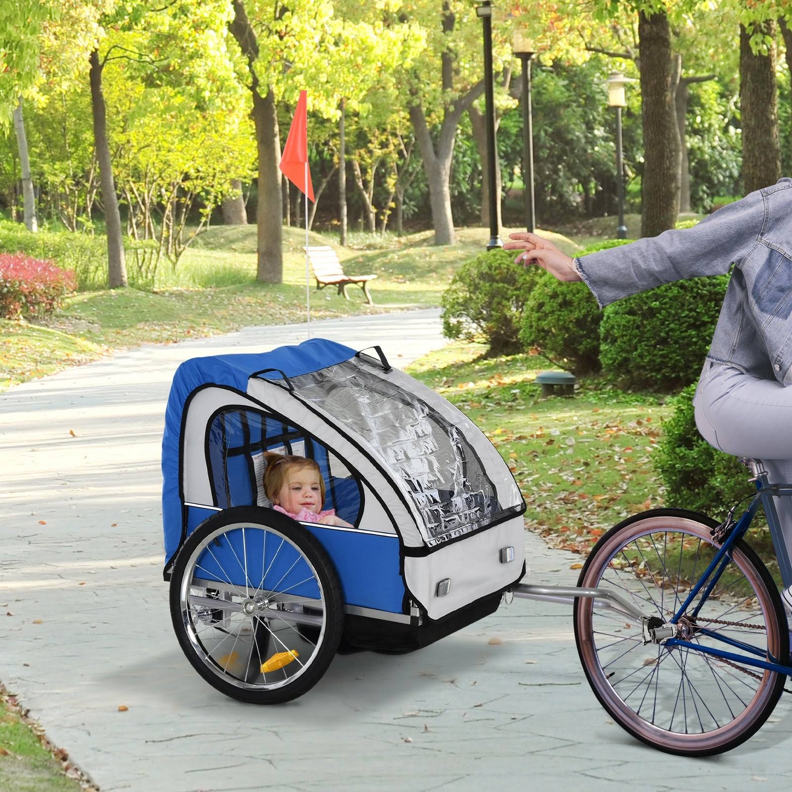 Aosom 2-Seat Kids Child Bicycle Trailer with A Strong Steel Frame, 5-Point Safety Harnesses, u0026 Comfortable Seat (Blue)