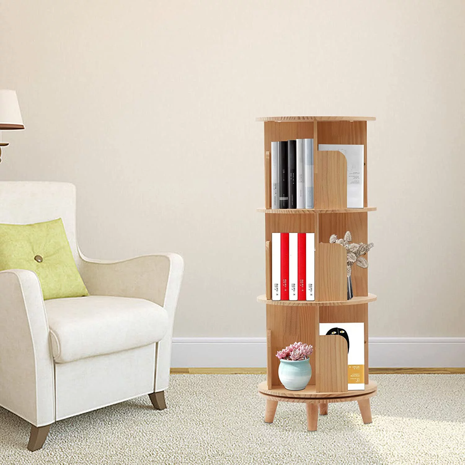 Fichiouy Wood 3 Tier Floor Standing 360 Rotating Bookshelf for Bedroom Living Room Office - Curated Treasures Market