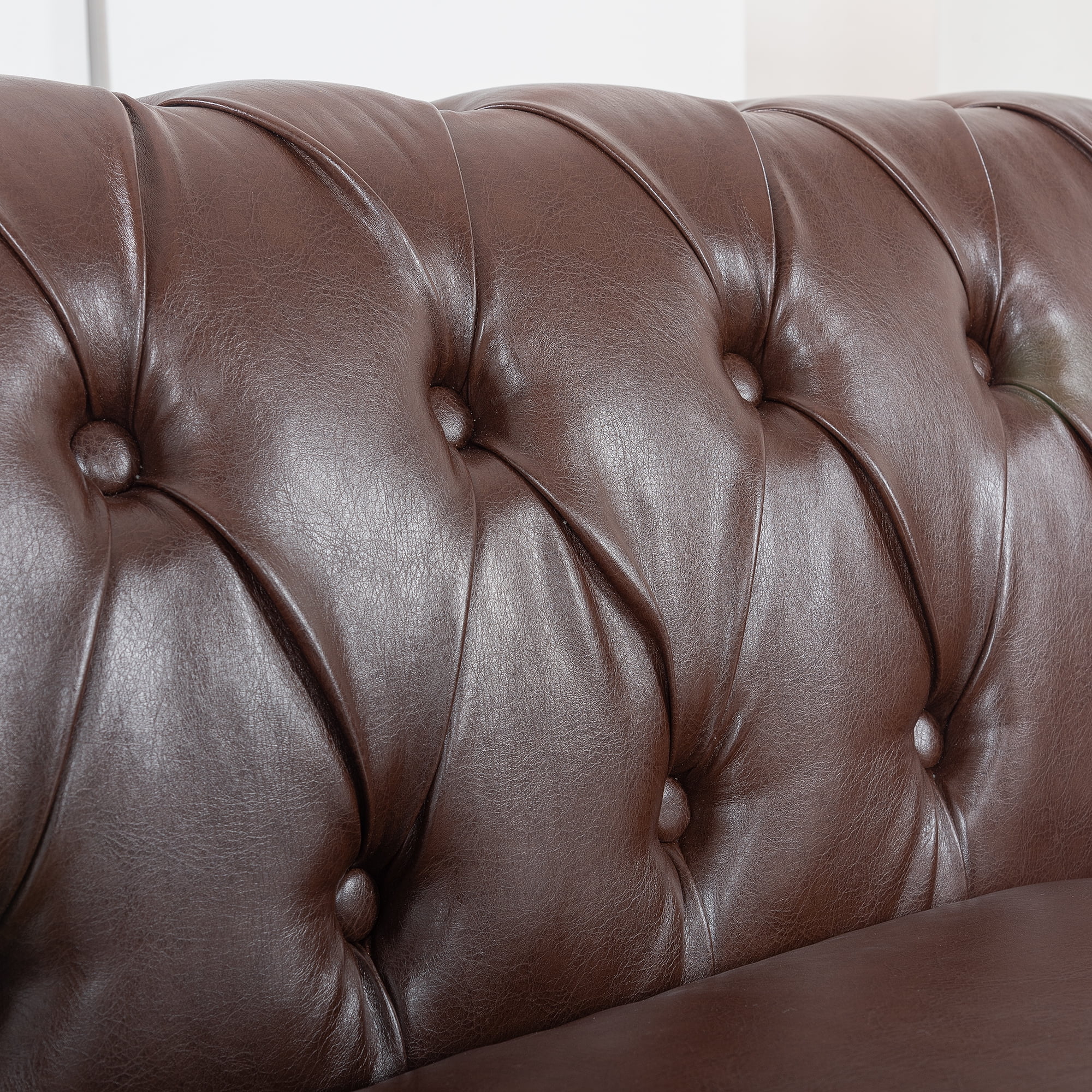 Chesterfield Sofas for Living Room, Rolled Arm 3-Seater Leather 84" Large Couch Deep Button Nailhead Tufted Black Upholstered Couches for Bedroom, Office Apartment (Dark Brown)