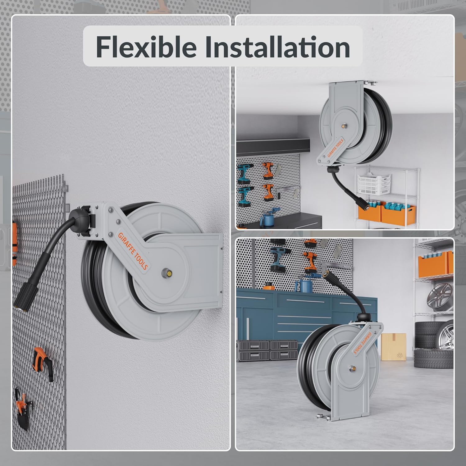 Giraffe Tools Pressure Washer Hose Reel, 1/4" x 65 ft Retractable Pressure Washer Reel,Steel Power Reel, Wall/Ceiling/Floor Mounted, 3200PSI, 2 * M22-15mm Connectors, Heavy Duty
