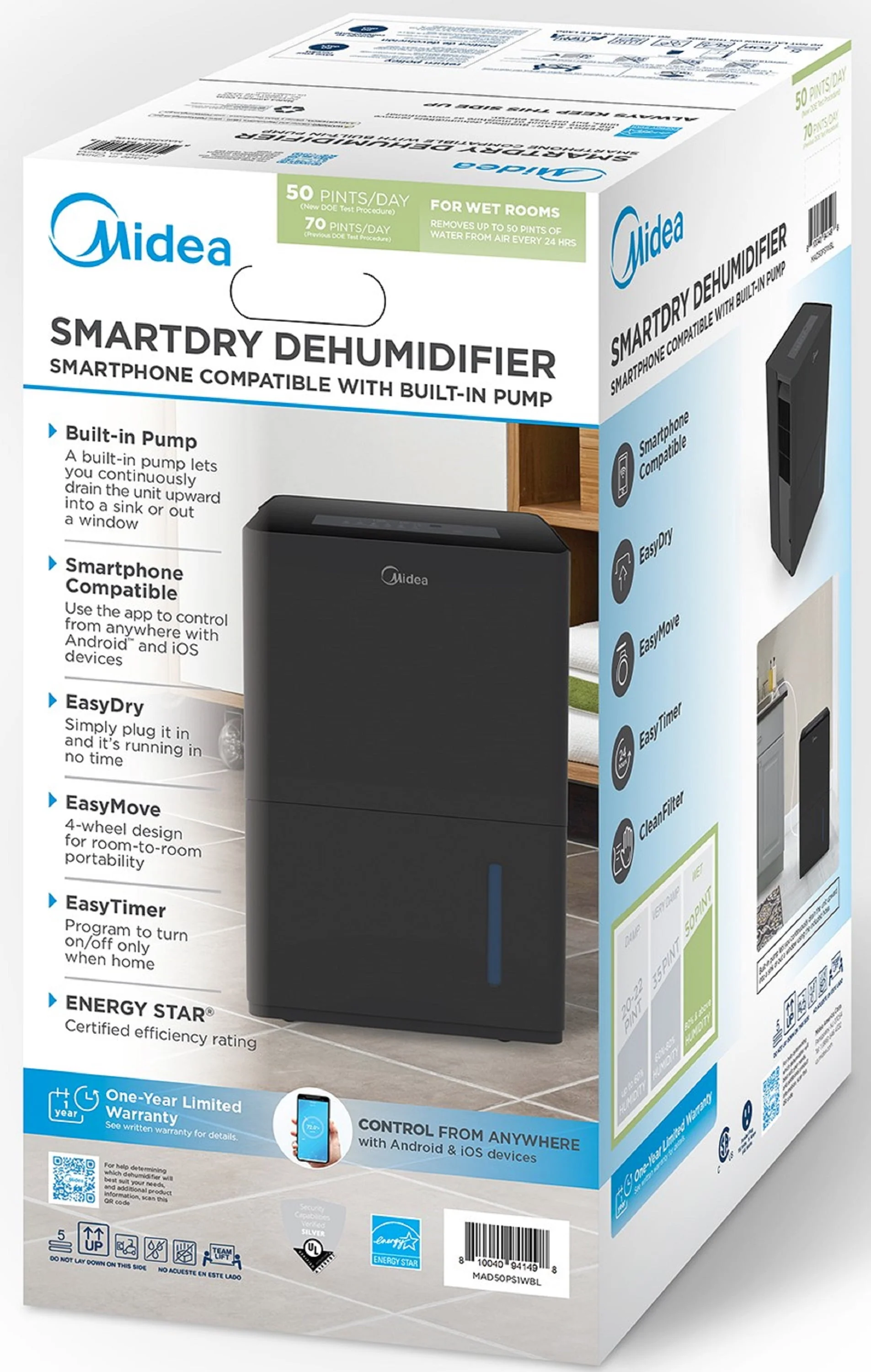 Midea 50-Pint Smart Dehumidifier with Pump - Wet Rooms, Energy Star, For Areas up to 4,500 Sq. ft., Black, MAD50PS1WBL