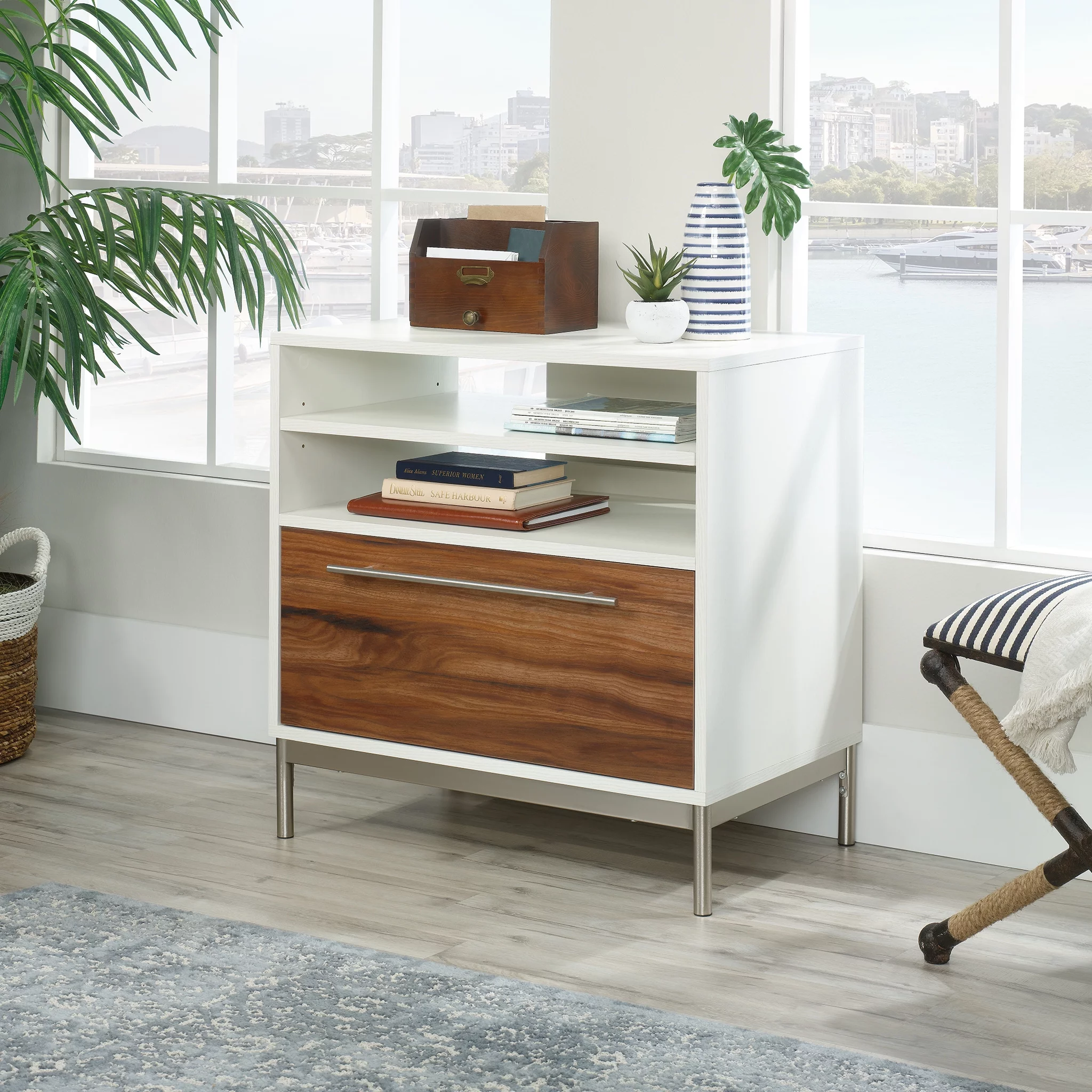 Sauder Vista Key Lateral Office File Cabinet with Open Storage, Pearl Oak Finish