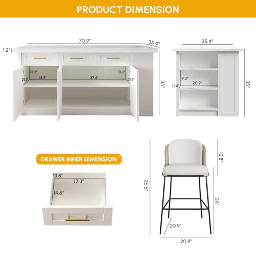 homary 72'' Kitchen Islands with Storage Modern White Kitchen Table with Seating & 3 Drawers Dining Table