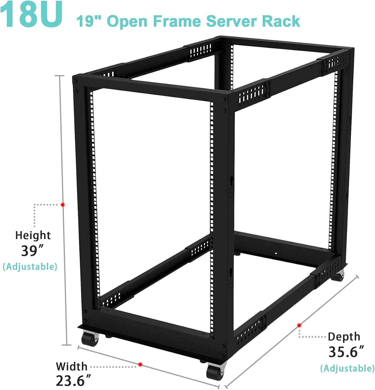 18U 19" Open Frame Server Rack - 4 Post Adjustable Depth 22-40" Mobile - Free Standing Rolling Network/Computer Equipment Data Rack (Black)
