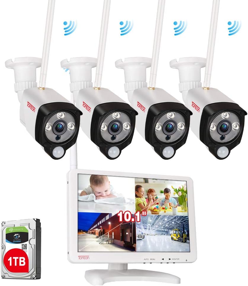 [2K&2 Way Audio&Thermal Detection] Tonton Wireless All-in-One Ultra HD Security Camera System with 16 Inch Monitor, 8CH NVR with 1TB HDD,4PCS 3MP Outdoor Bullet IP Cameras,Plug and Play