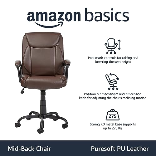 Amazon Basics Classic Puresoft PU Padded Mid-Back Height Adjustable Office Computer Desk Chair with Armrest, 26"D x 23.75"W x 42"H, Black