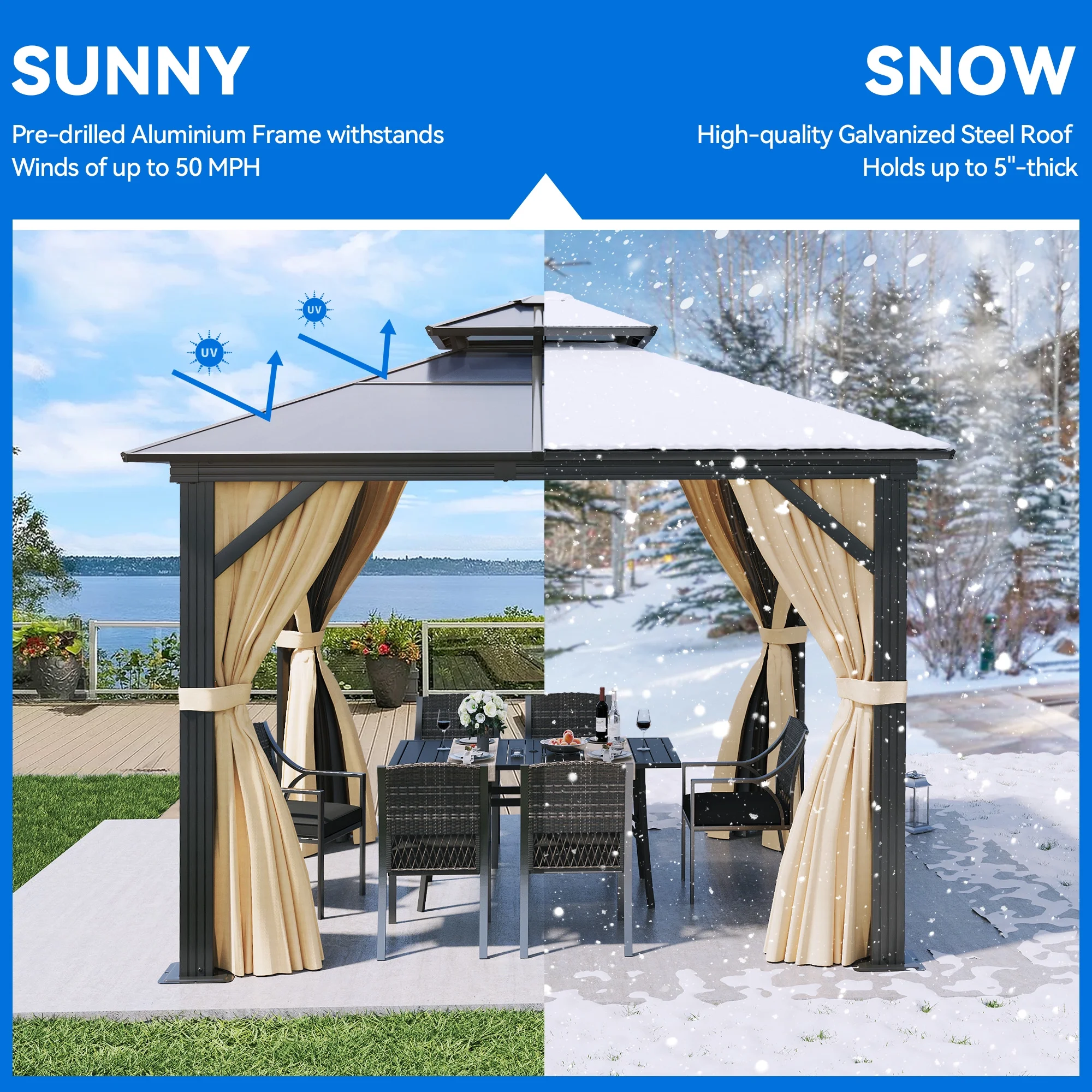 Dextrus 10x10ft Hardtop Gazebo, Double Roof Polycarbonate Gazebo Outdoor with Netting and Shaded Curtains for Patio, Garden, Lawn, Party