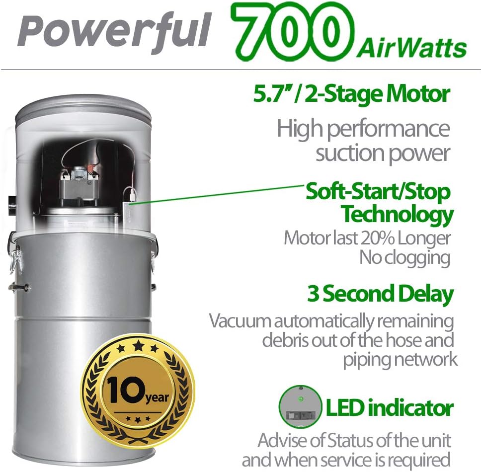 OVO Unit 700 Airwatts Large and Powerful Central Vacuum System, Hybrid Filtration (with or Without Disposable Bags) 25L or 6.6 Gal, 30 ft Deluxe Accessory Kit Included, White
