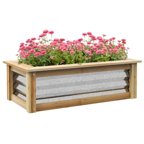 Buumin Outsunny Raised Garden Bed Kit, Outdoor Planter Box, Galvanized Metal Reinforced with Wood, Stock Tank for Growing Flowers, Herbs and Vegetables - Curated Treasures Market