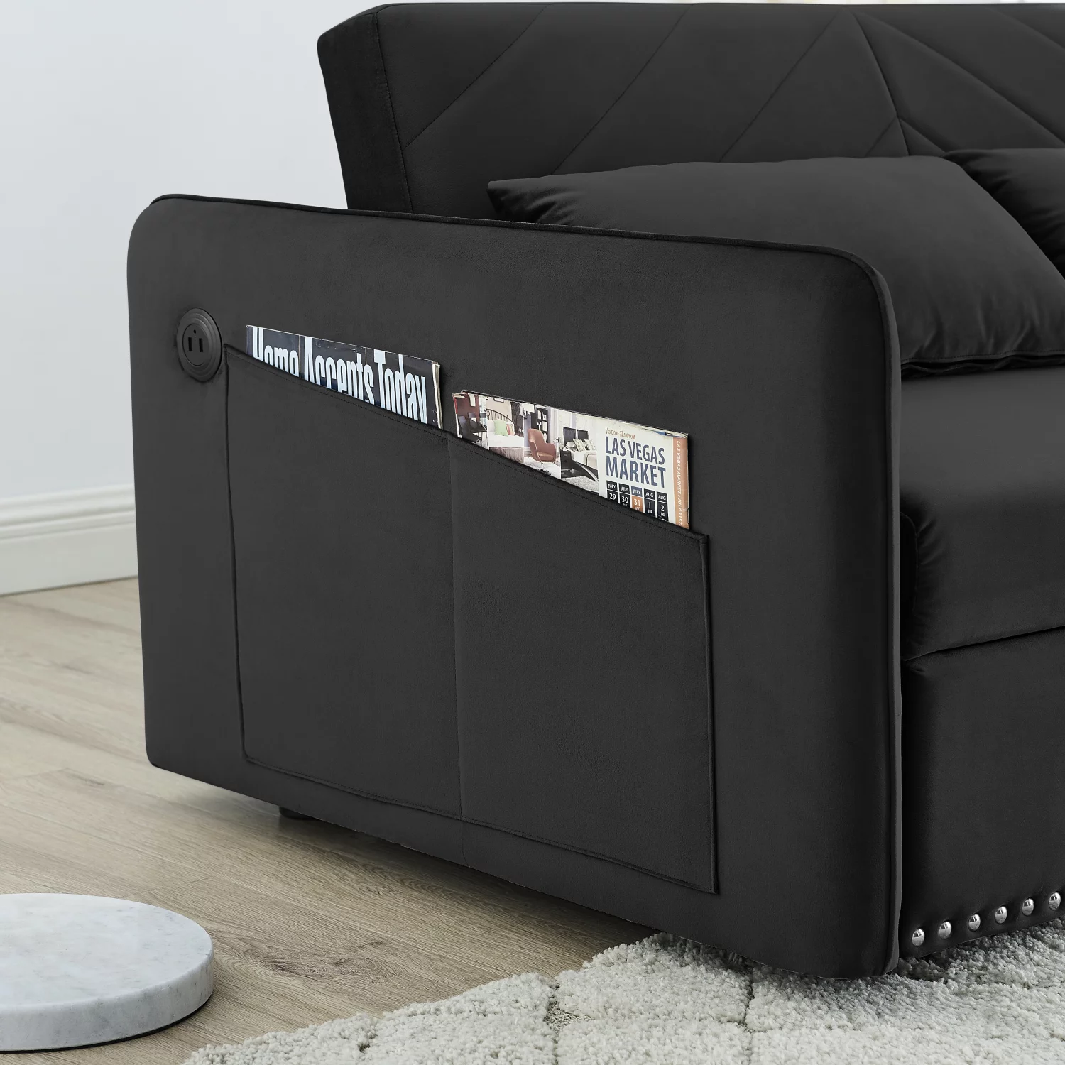 Holaki Pull-out Sofa Sleeper, 3-in-1 Adjustable Sleeper with Pull-out Bed, 2 Lumbar Pillows and Side Pocket, Soft Velvet Convertible Sleeper Sofa Bed, Black