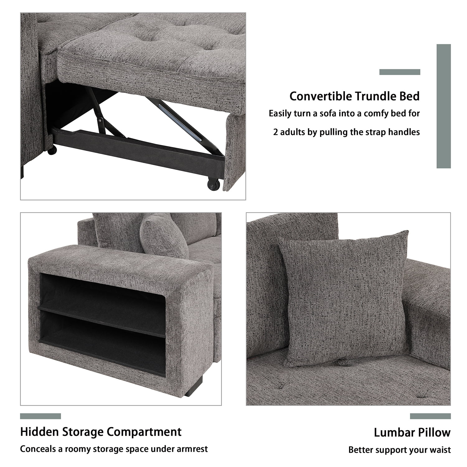 Churanty 104" Reversible Sectional Couch with Pull Out Bed,L Shape 3 Seat Sleeper Sofa with Storage Chaise and 2 Stools for Living Room,Knox Charcoal