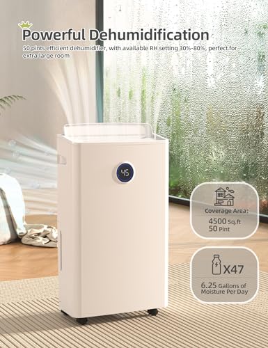 4500 Sq. Ft Dehumidifier for Basement, 50 Pints for Bedroom and Large Home, Bathroom with Drain Hose for Continuous Drainage, 5L Water Tank