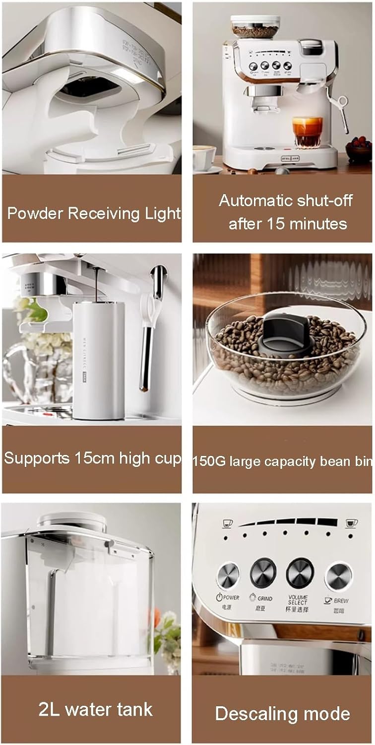 Espresso Machine 15 Bar, Coffee Maker With Steam Wand, Built-In Bean Grinder, Combo Machine with 2L Removable Water Tank