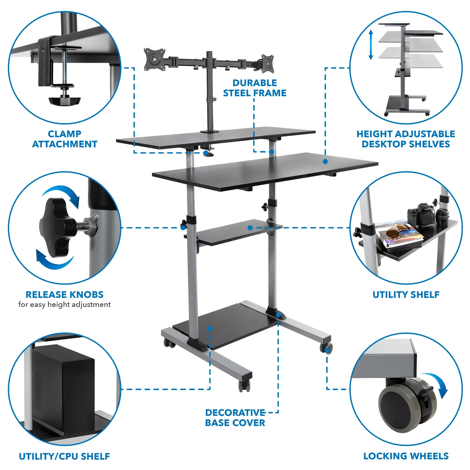 Mount-It! Extra Wide Mobile Standing Desk with Dual Monitor Mount | Rolling Computer Workstation