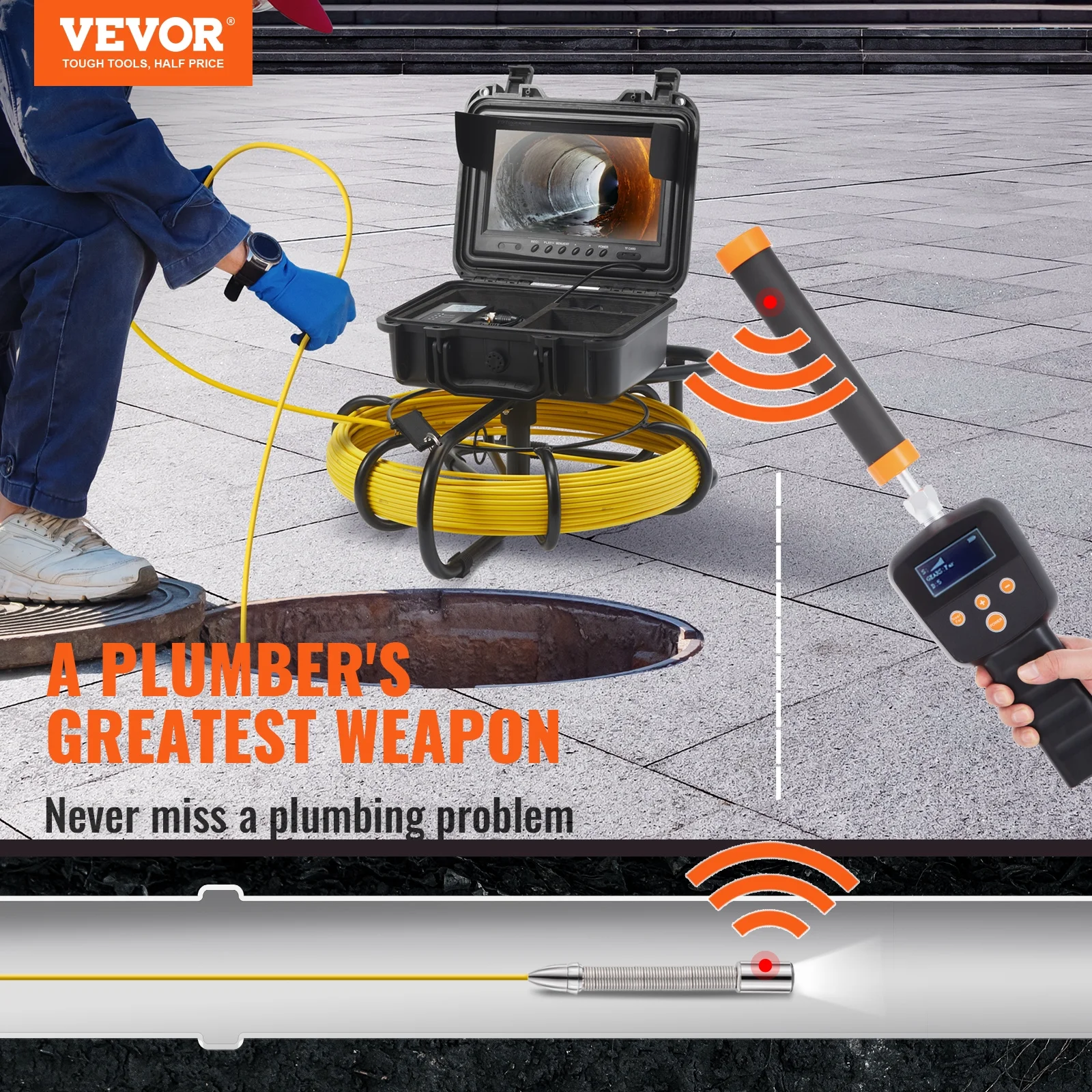 BENTISM Sewer Camera Pipe Inspection Camera w/ 512hz Sonde 9in 720p Screen 164 ft