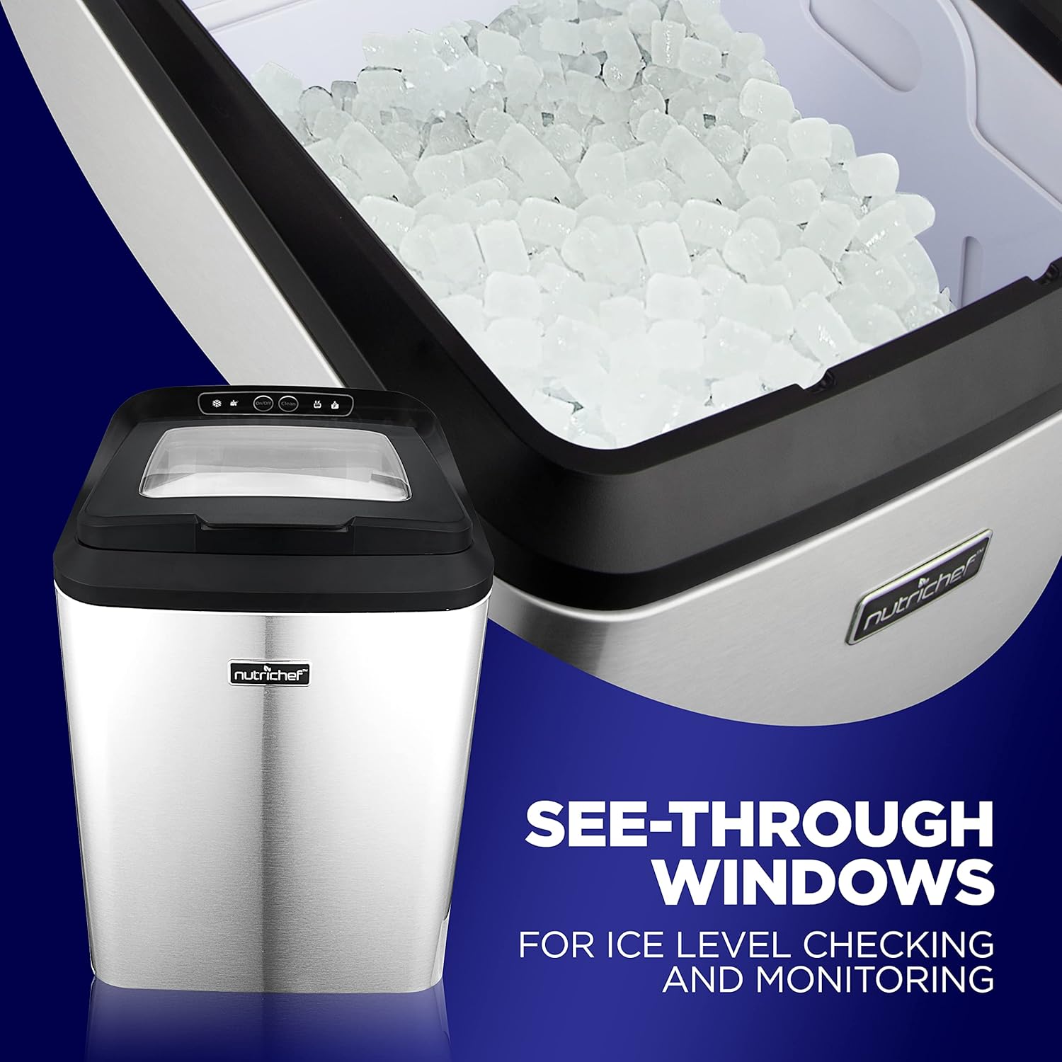 NutriChef Countertop Nugget Ice Maker Machine,Compact Self Cleaning Pellet Ice Machine,Quiet,Fast,and Efficient Icemaker,Stainless Steel Housing,Sleek Design for Indoor Use,Home,RV,