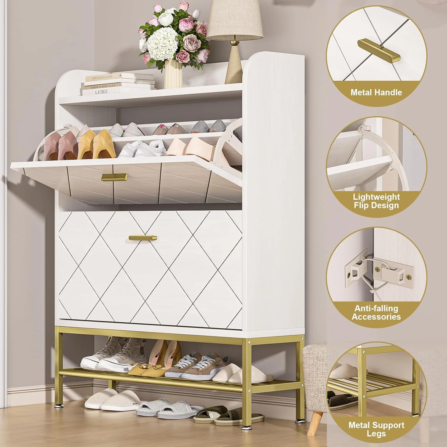 WAGEE Hidden Shoe Cabinet with Flip Drawers for Entryway, Free Standing Narrow Shoe Rack Organizer Modern Wooden Slim Shoe Storage Cabinet for Small Spaces, Living Room, Bedroom (White)