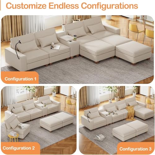 Modular Sectional Sofa, Convertible U Shaped Sofa Couch with Central Console & USB Ports, 7 Seat Modular Sectionals Couch with Chaise and Storage for Living Room, Light Grey